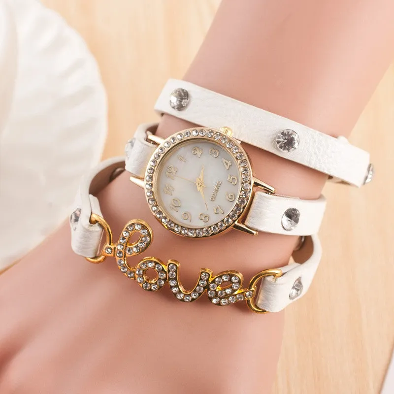 Fashion LOVE Bracelet Watches Women Charms Diamond Watch Leather Quartz Watch Relogio Feminino Montre Femme