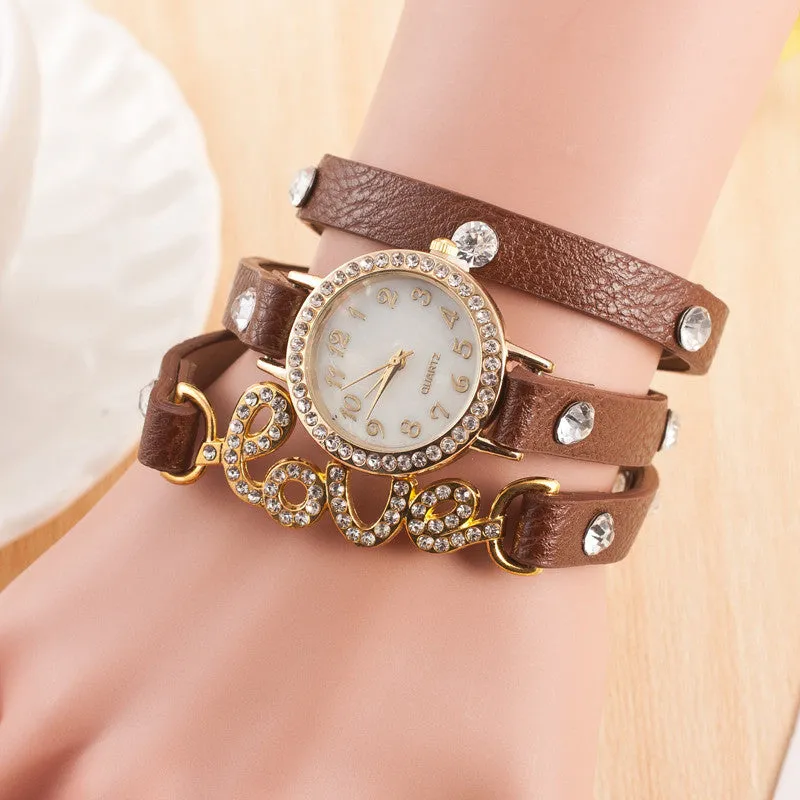 Fashion LOVE Bracelet Watches Women Charms Diamond Watch Leather Quartz Watch Relogio Feminino Montre Femme