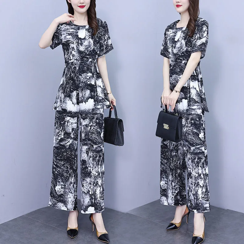 Fashion Middle-Aged Women's Wide-Legged Pants Suit Women's Summer Wear  New Western Style Anti-Aging Tummy Hiding Slimming Two-Piece Suit