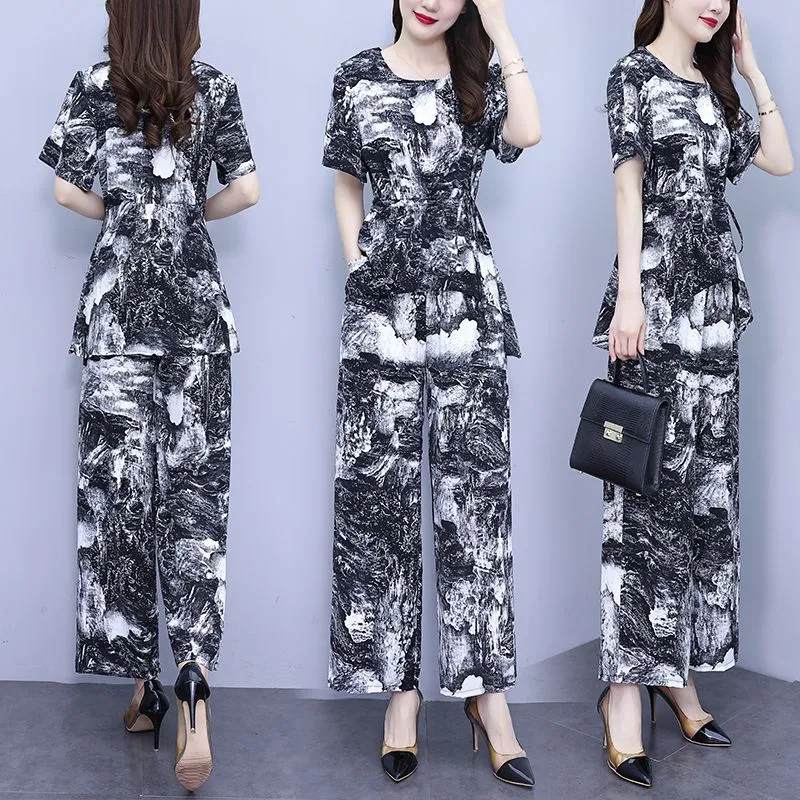 Fashion Middle-Aged Women's Wide-Legged Pants Suit Women's Summer Wear  New Western Style Anti-Aging Tummy Hiding Slimming Two-Piece Suit