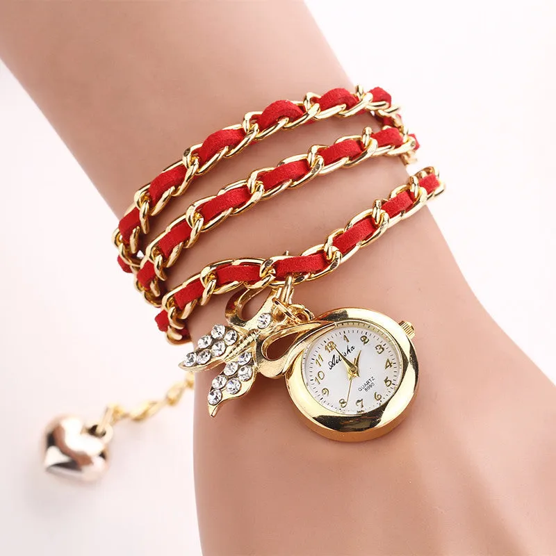 Fashion New Hot Women Luxury Brand Heart Butterfly Dress Bracelet Wristwatch Women Party Dress Casual Watches Gift