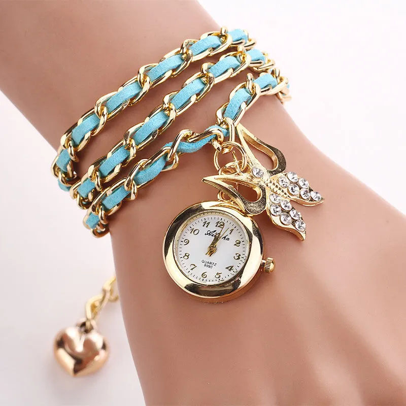 Fashion New Hot Women Luxury Brand Heart Butterfly Dress Bracelet Wristwatch Women Party Dress Casual Watches Gift