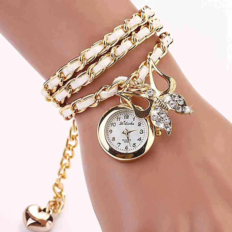 Fashion New Hot Women Luxury Brand Heart Butterfly Dress Bracelet Wristwatch Women Party Dress Casual Watches Gift