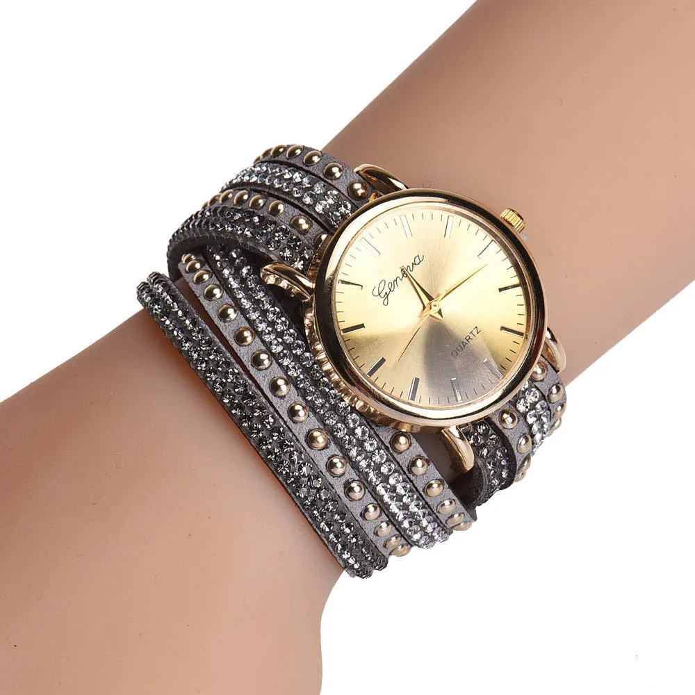 Fashion Women's Watches Retro Bracelet Watch Synthetic Leather Quartz Watch Crystal Bling Dress Montre Relogio