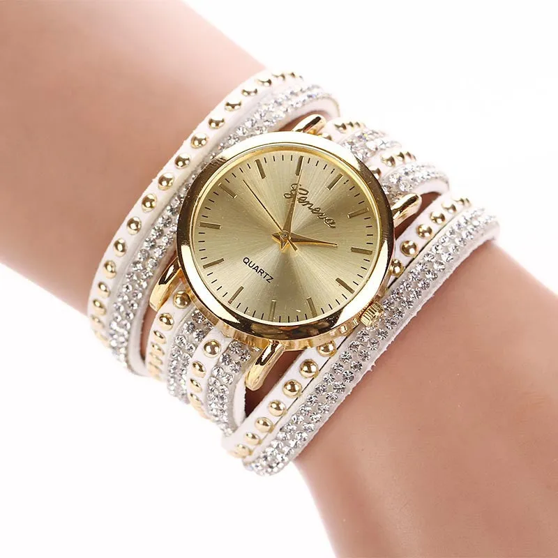 Fashion Women's Watches Retro Bracelet Watch Synthetic Leather Quartz Watch Crystal Bling Dress Montre Relogio