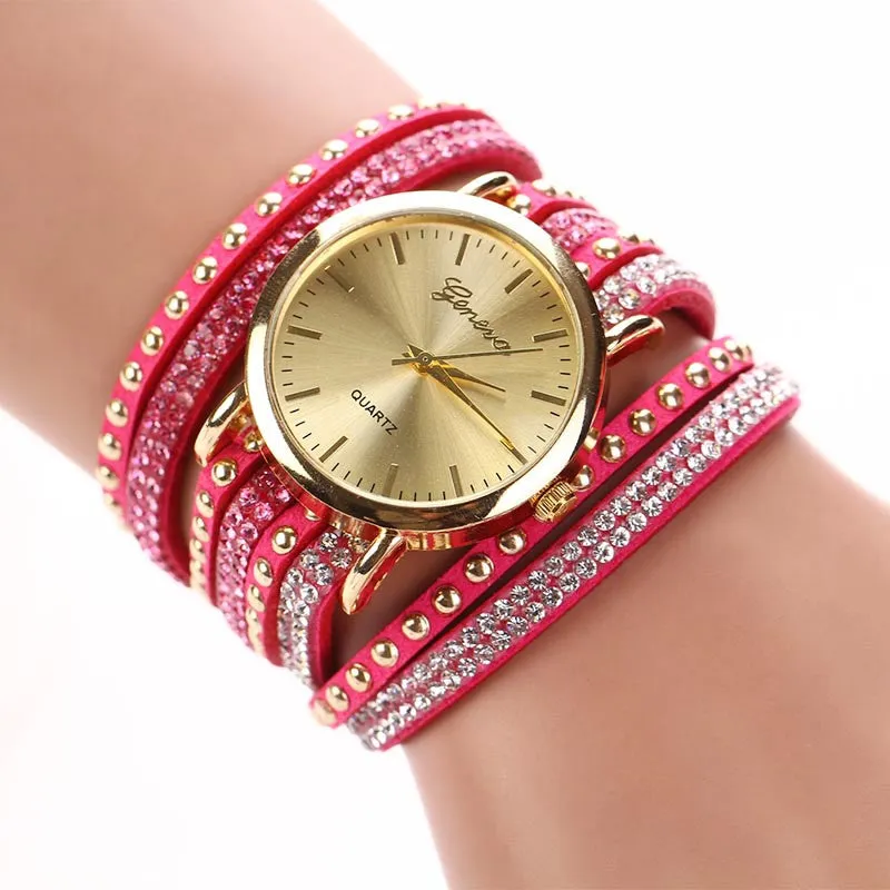 Fashion Women's Watches Retro Bracelet Watch Synthetic Leather Quartz Watch Crystal Bling Dress Montre Relogio