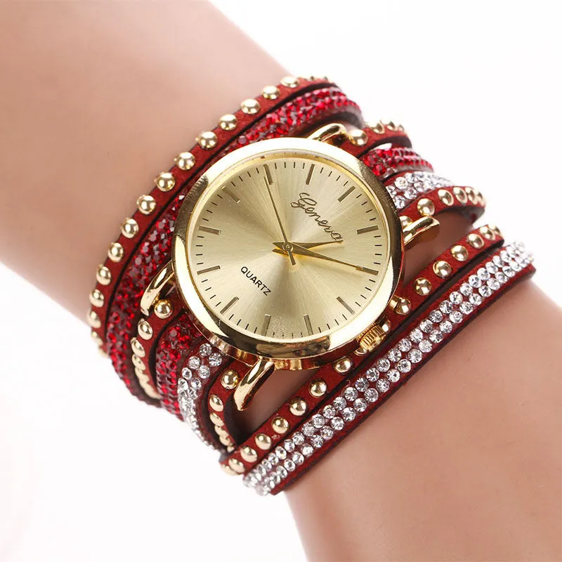 Fashion Women's Watches Retro Bracelet Watch Synthetic Leather Quartz Watch Crystal Bling Dress Montre Relogio