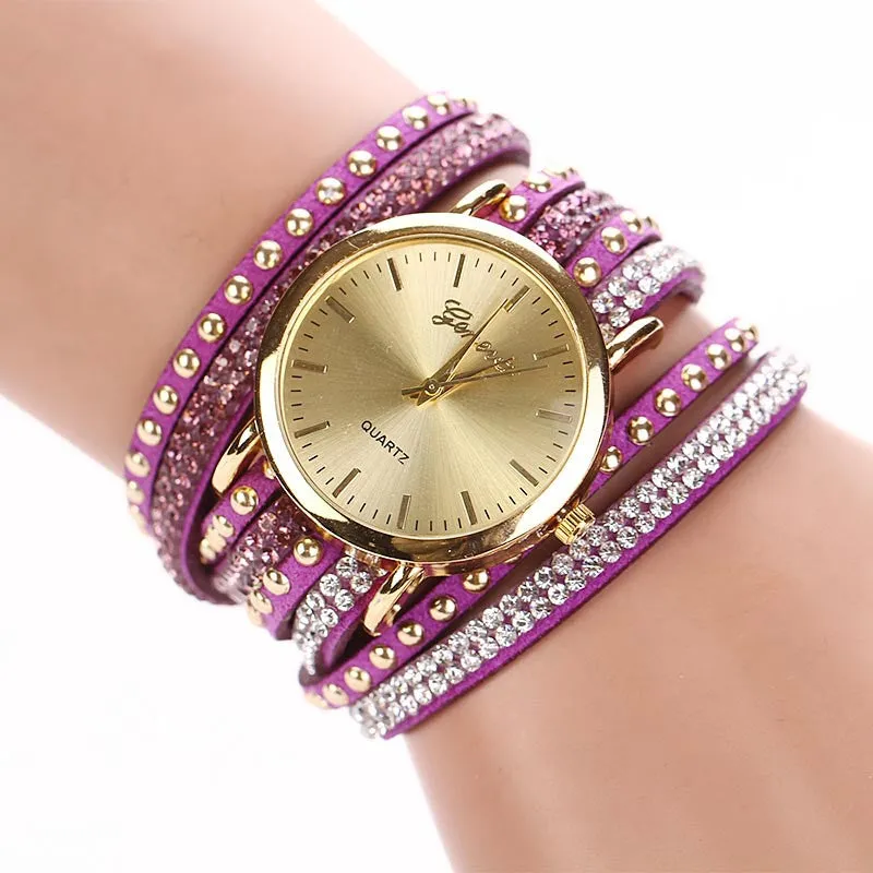 Fashion Women's Watches Retro Bracelet Watch Synthetic Leather Quartz Watch Crystal Bling Dress Montre Relogio