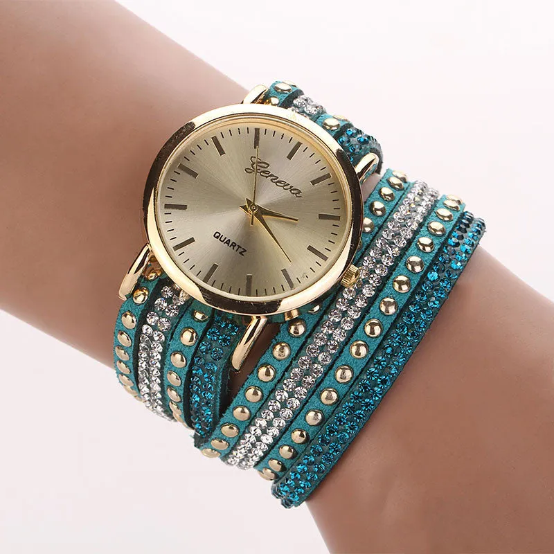 Fashion Women's Watches Retro Bracelet Watch Synthetic Leather Quartz Watch Crystal Bling Dress Montre Relogio