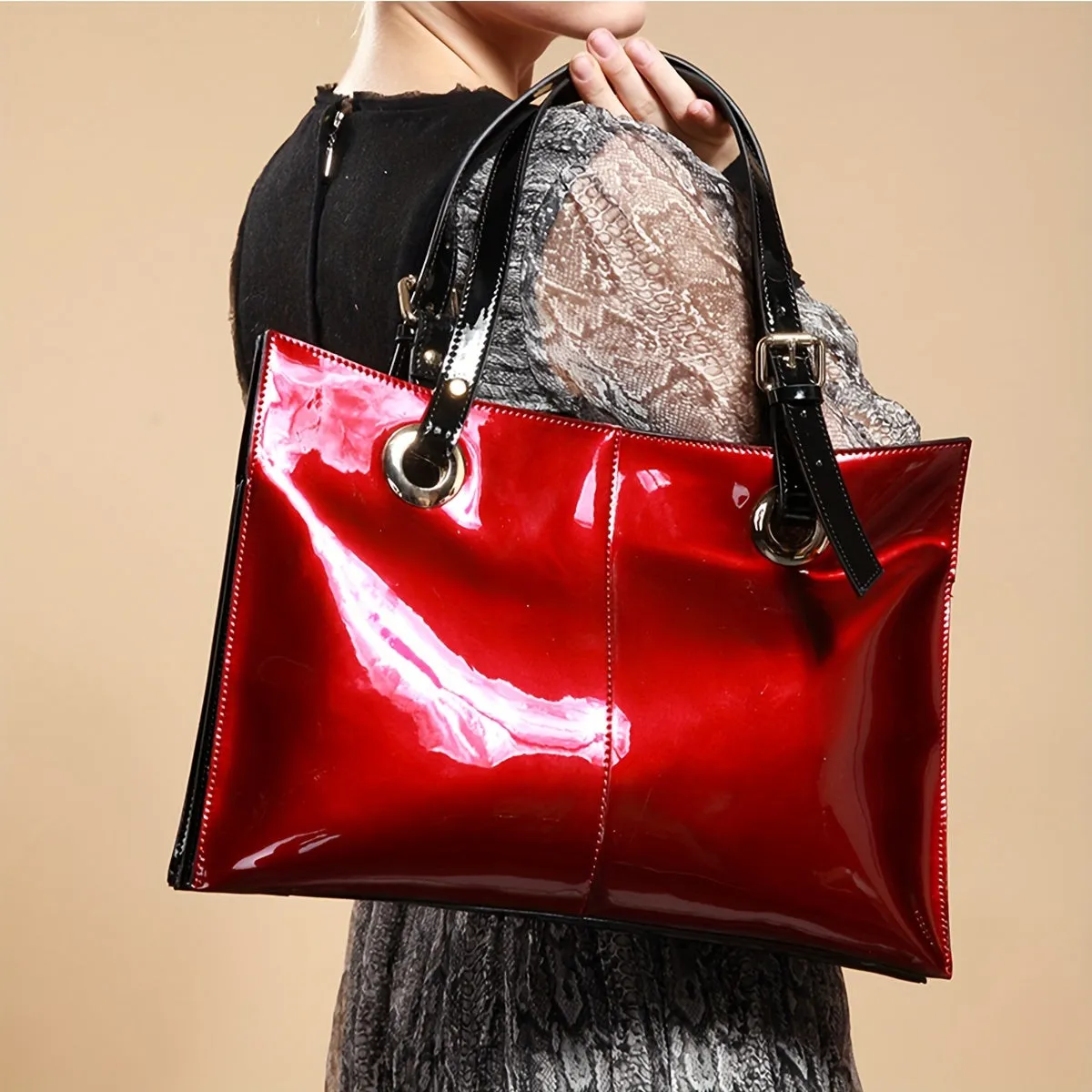 [Fast Arrival] Large Embellished Glossy Patent Leather Tote Handbags for Women - Spacious Waterproof Interior, Adjustable Shoulder Strap, Classic Retro Style in Dark Purple, Wine Red, Dark Blue