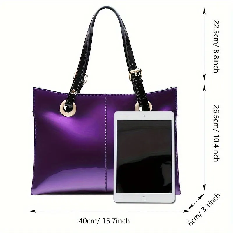 [Fast Arrival] Large Embellished Glossy Patent Leather Tote Handbags for Women - Spacious Waterproof Interior, Adjustable Shoulder Strap, Classic Retro Style in Dark Purple, Wine Red, Dark Blue