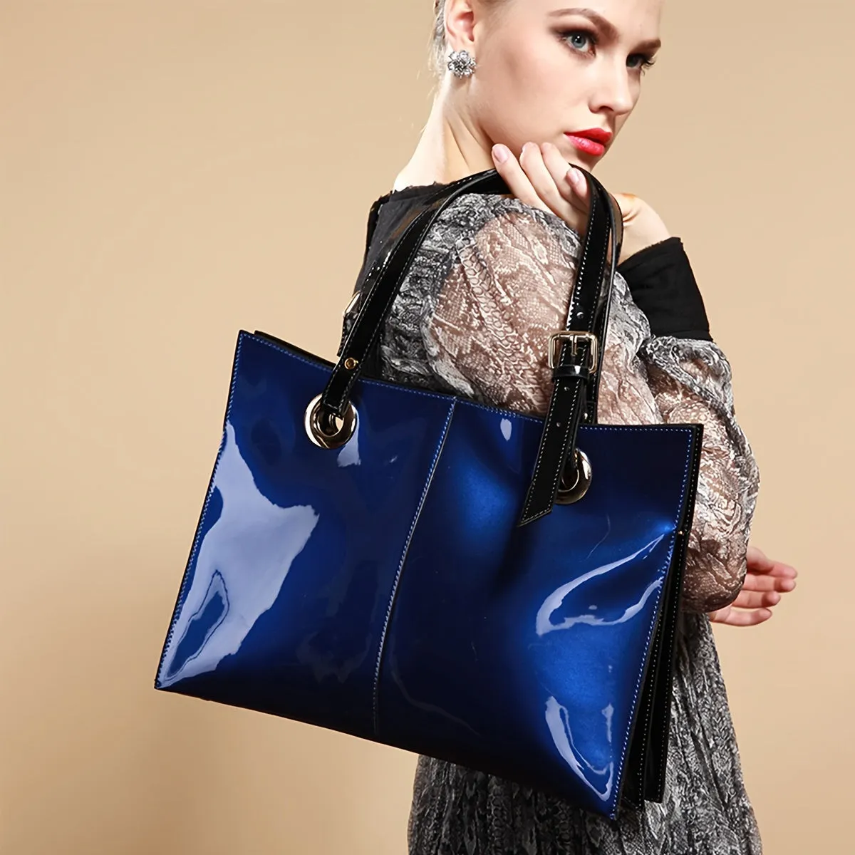 [Fast Arrival] Large Embellished Glossy Patent Leather Tote Handbags for Women - Spacious Waterproof Interior, Adjustable Shoulder Strap, Classic Retro Style in Dark Purple, Wine Red, Dark Blue