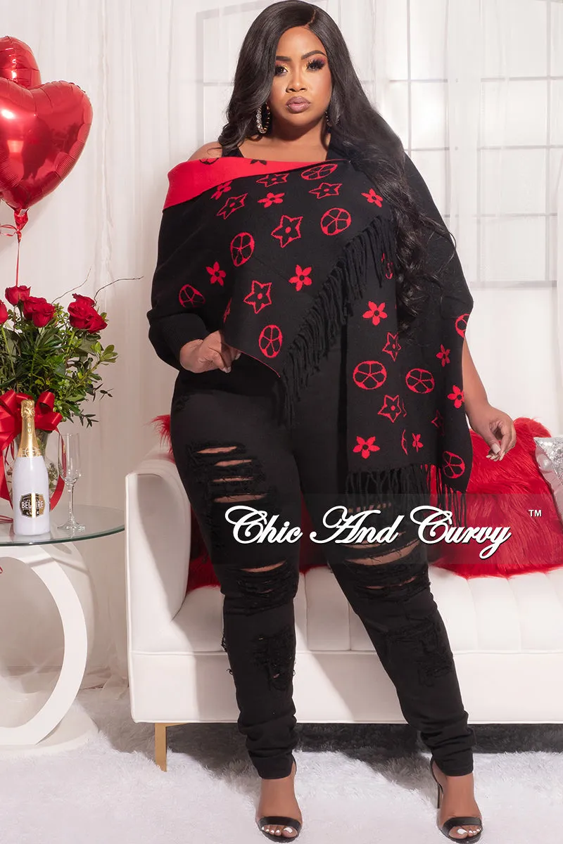 Final Sale Striped Poncho Shaw in Black and Red Design Print