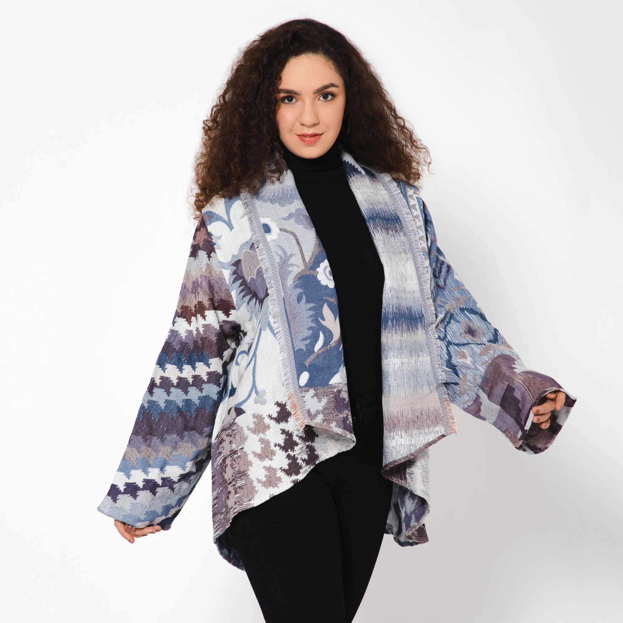 Floral Geo Poncho Jacket - Grey Blue