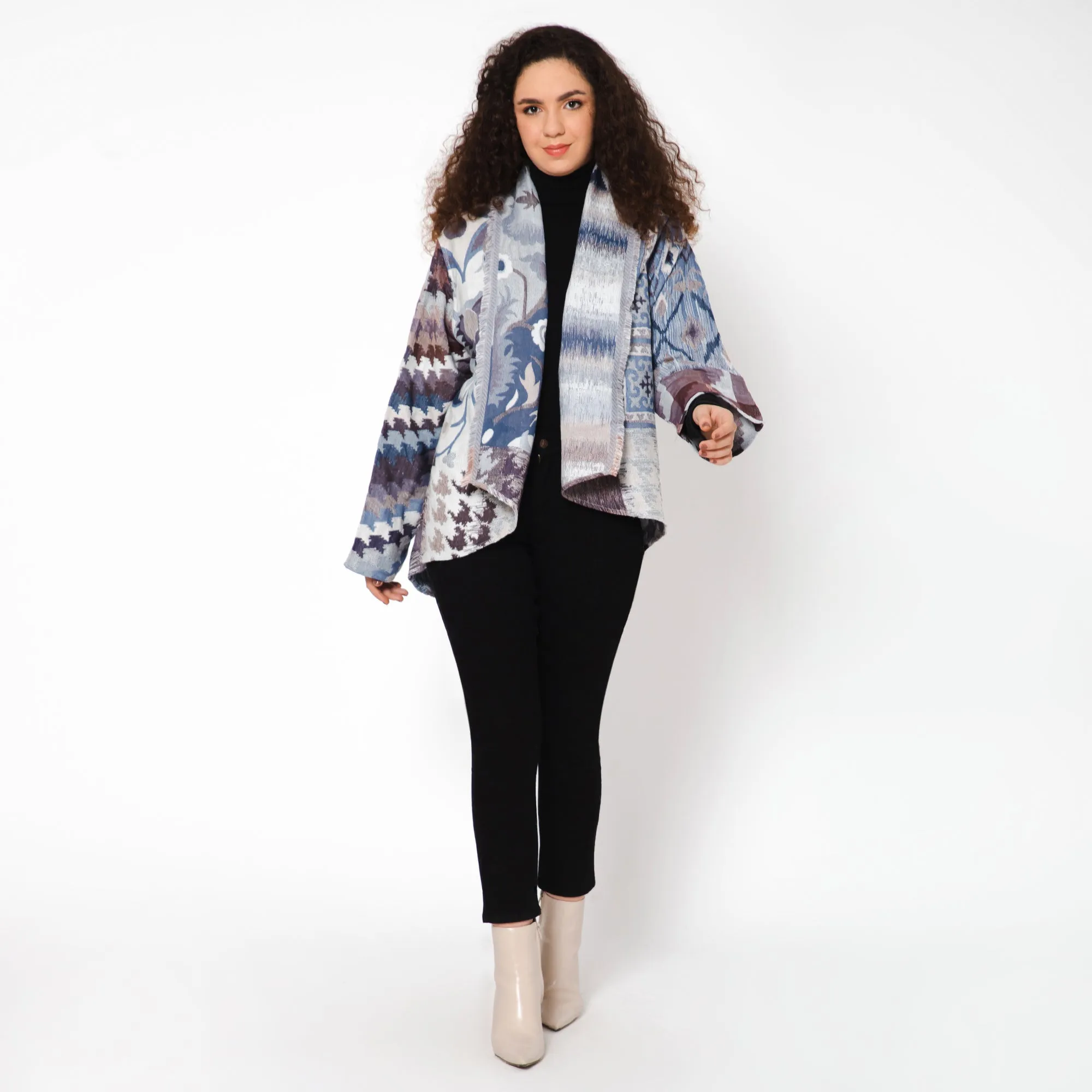 Floral Geo Poncho Jacket - Grey Blue