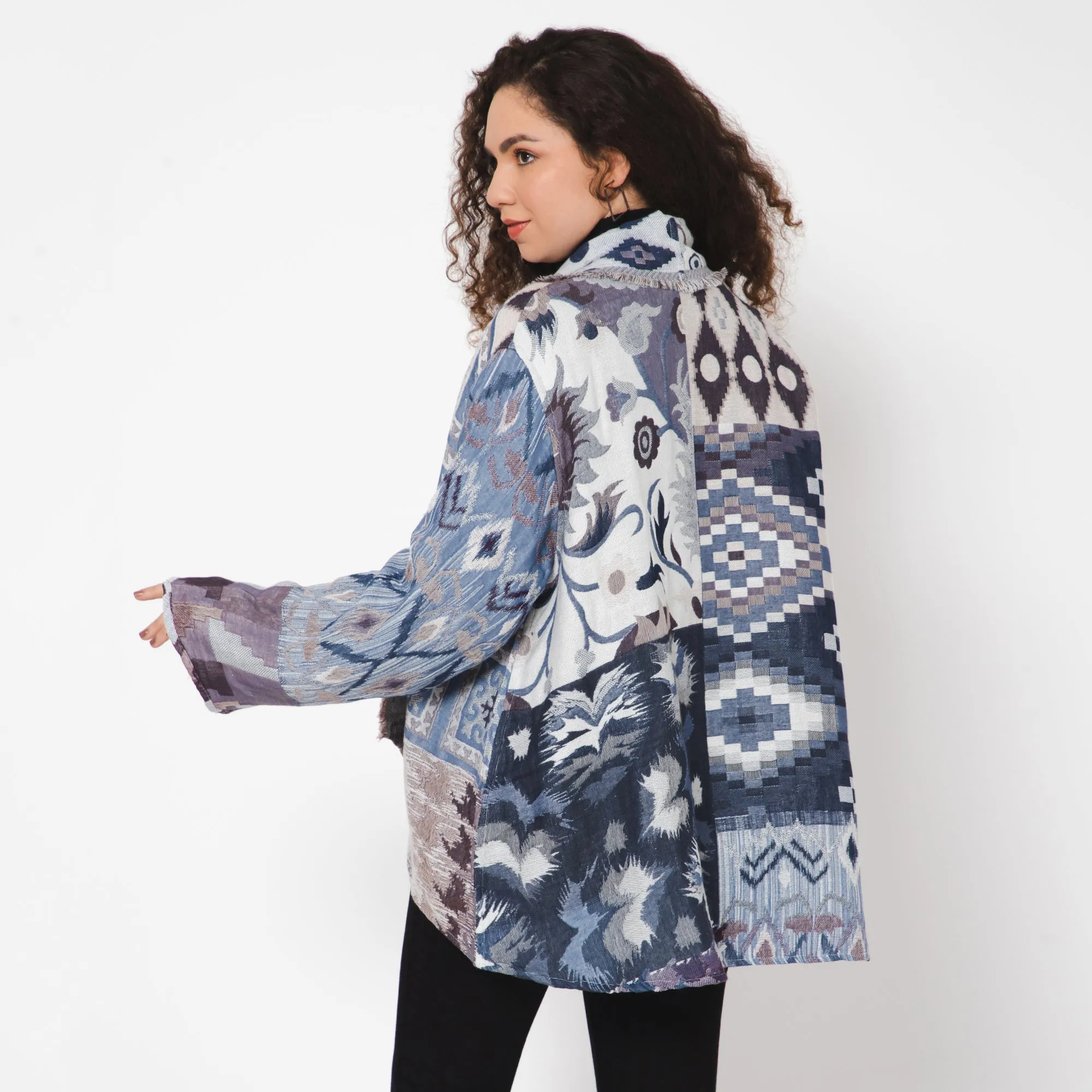 Floral Geo Poncho Jacket - Grey Blue