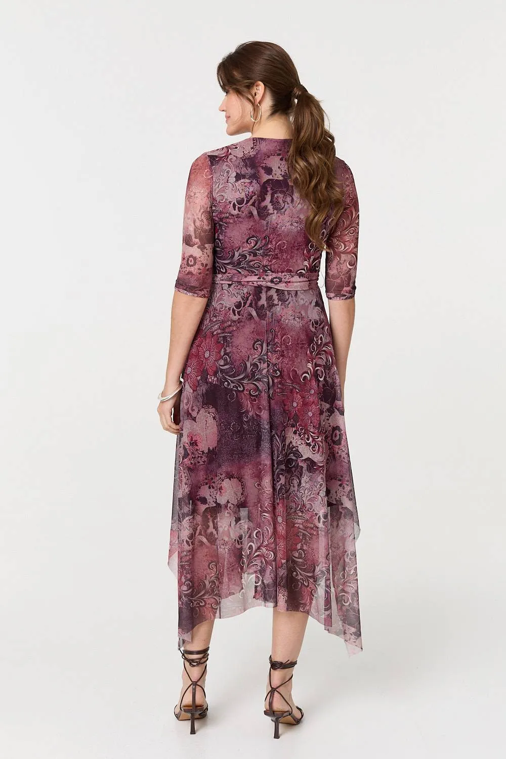 Floral Mesh Hanky Hem Wrap Midi Dress