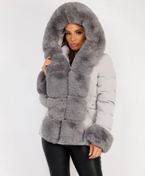 Grey Premium Faux Fur Trim Padded Parka Coat