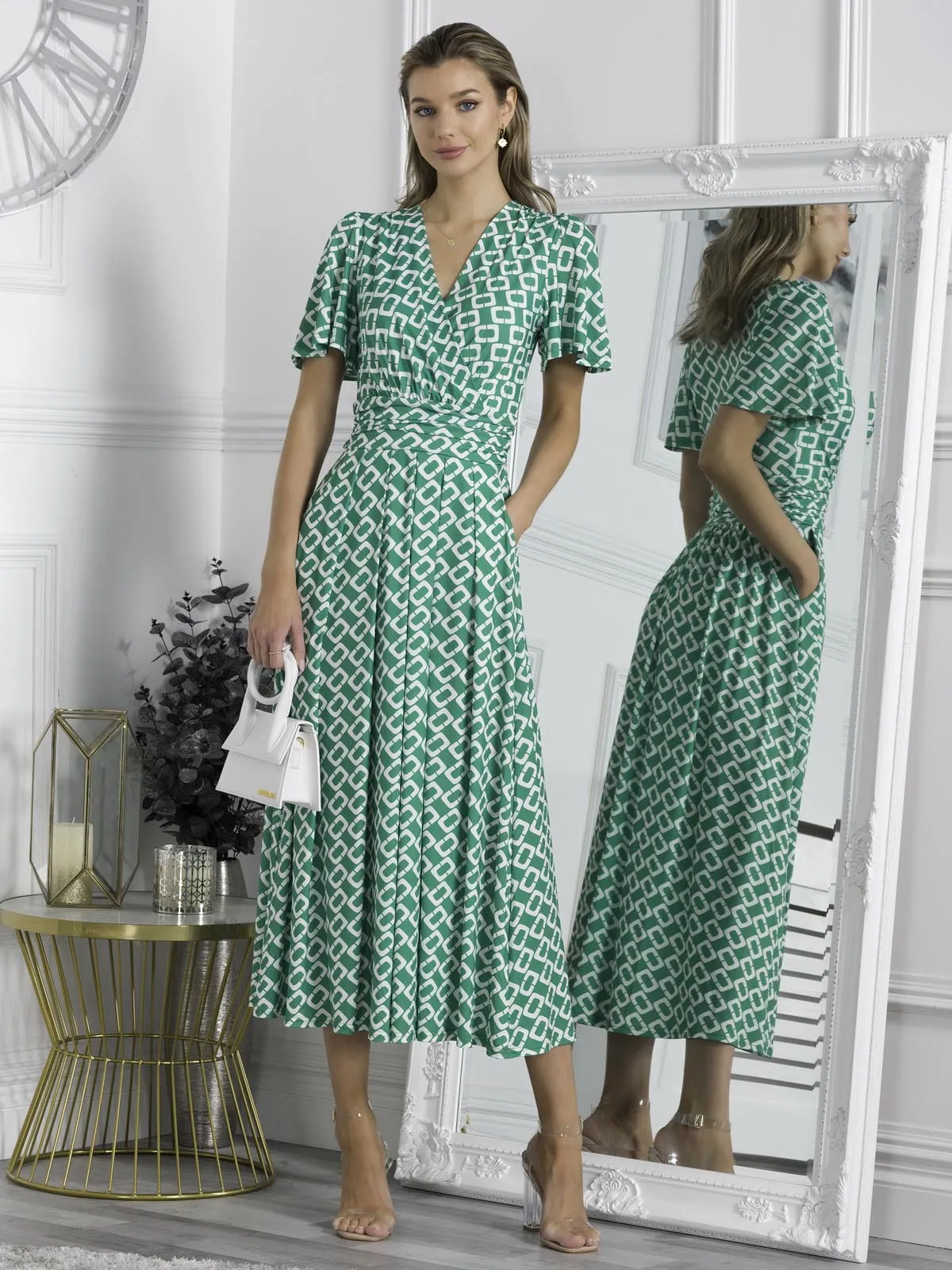 Halley Angel Sleeve Jersey Maxi Dress, Green Geometric