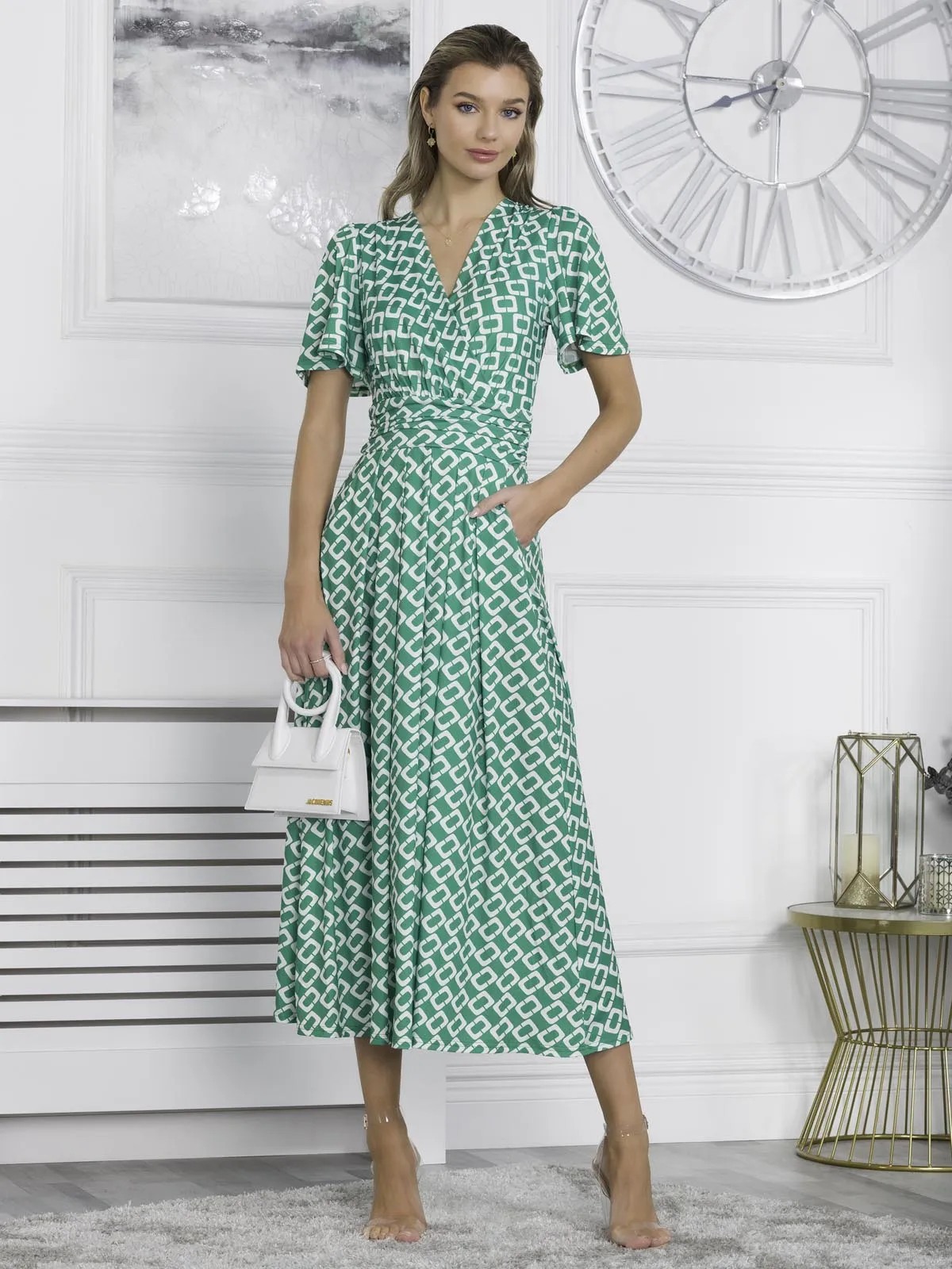 Halley Angel Sleeve Jersey Maxi Dress, Green Geometric