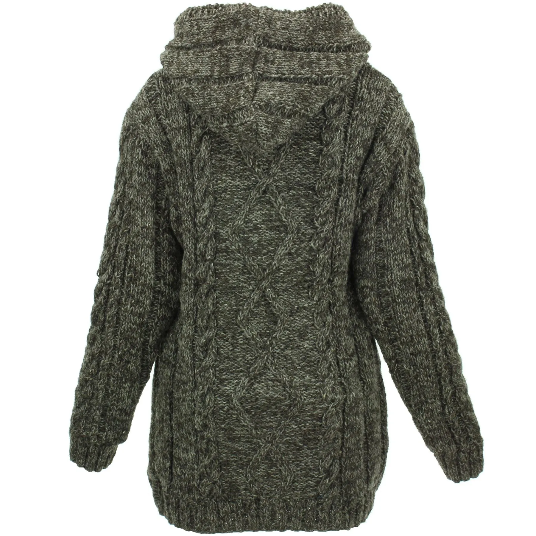 Handmade Wool Cable Knit Hooded Jacket - Brown