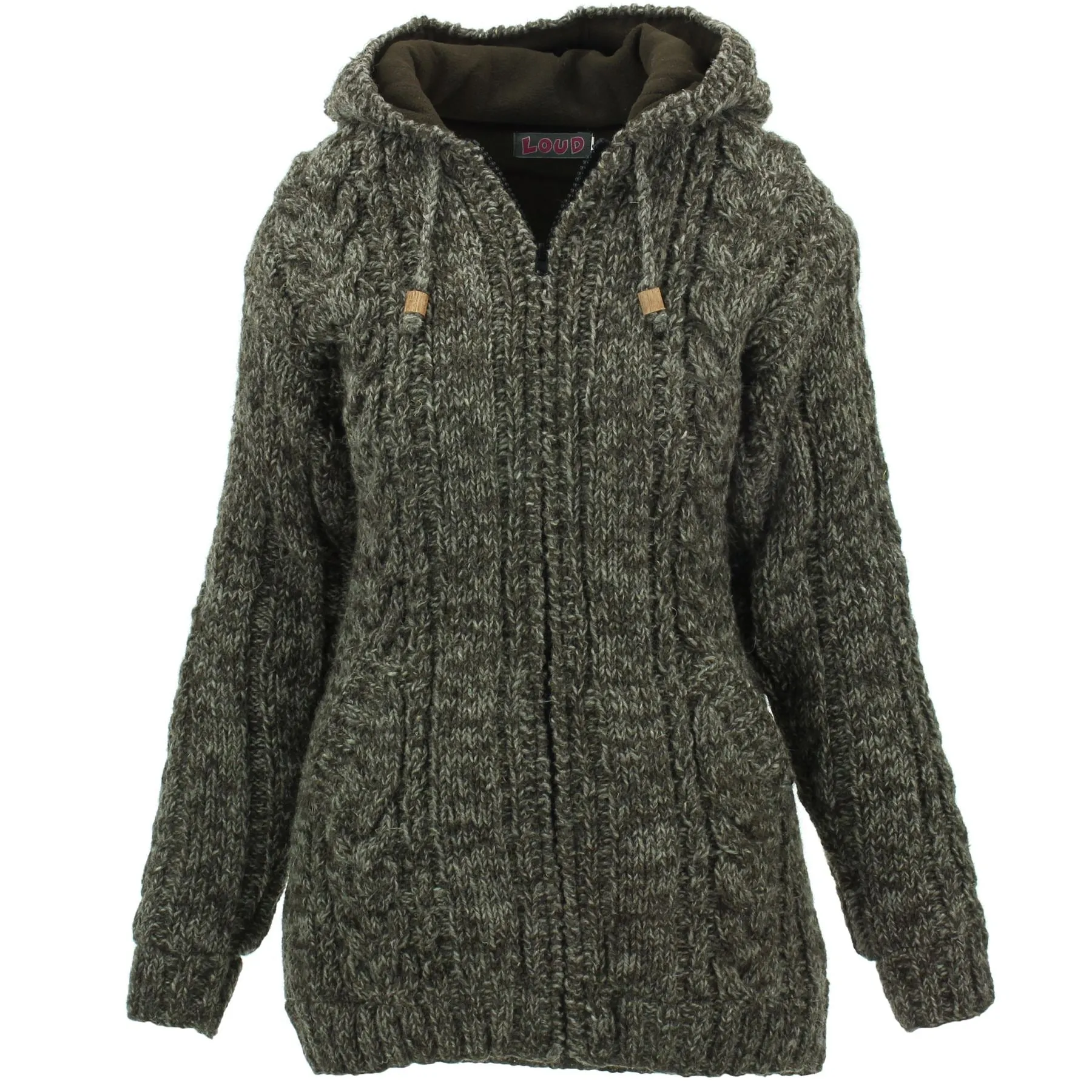 Handmade Wool Cable Knit Hooded Jacket - Brown