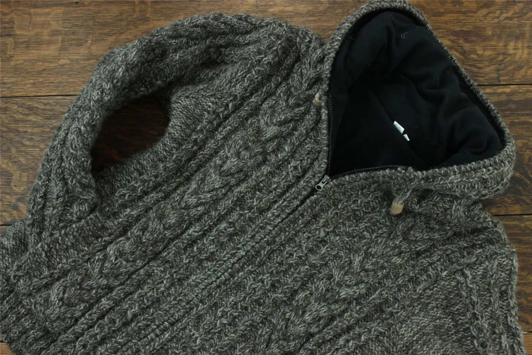 Handmade Wool Cable Knit Hooded Jacket - Brown