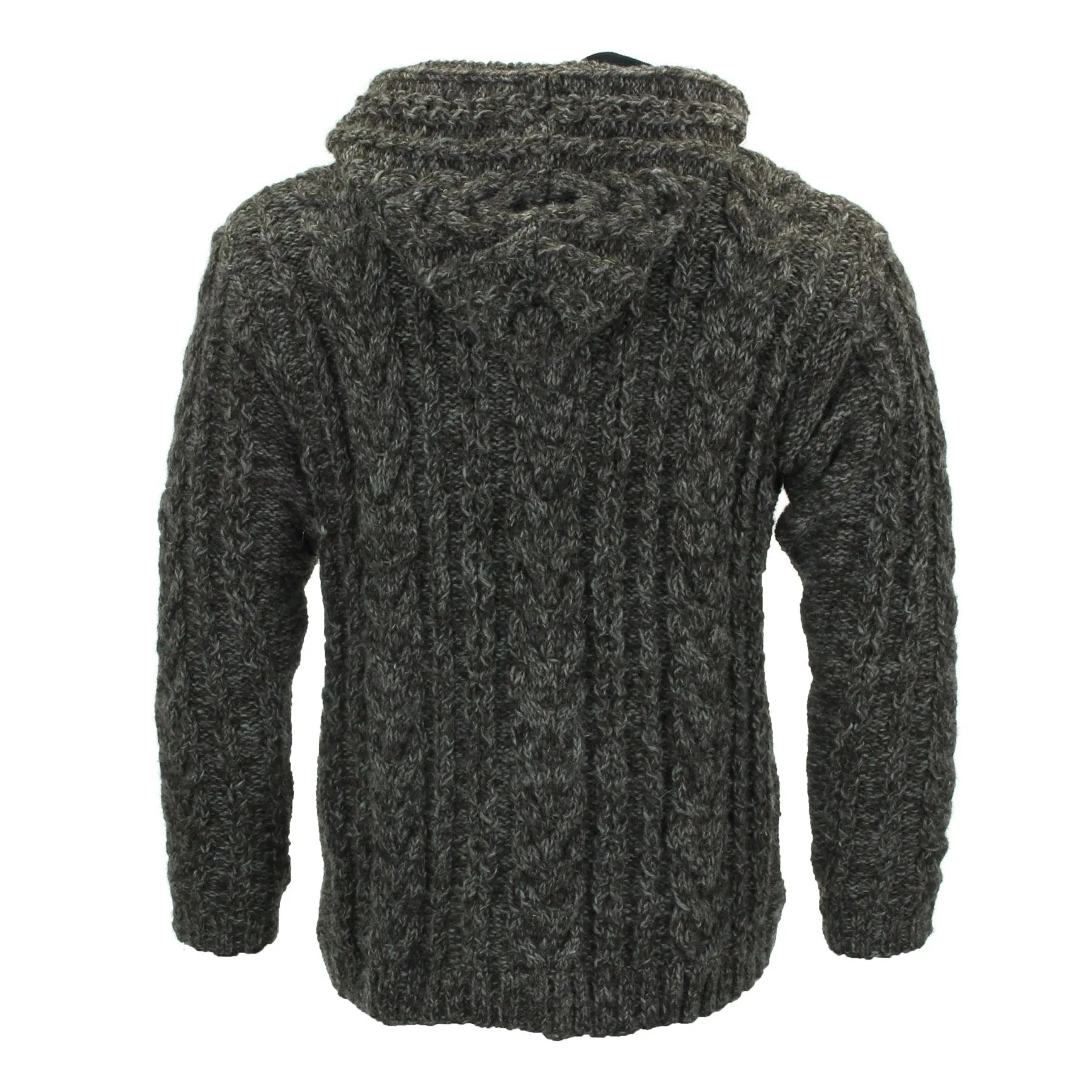 Handmade Wool Cable Knit Hooded Jacket - Brown