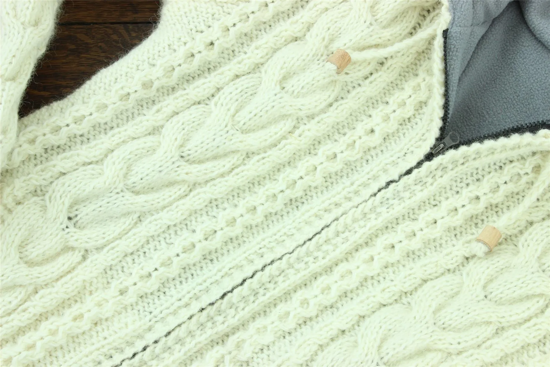 Handmade Wool Cable Knit Hooded Jacket - Cream