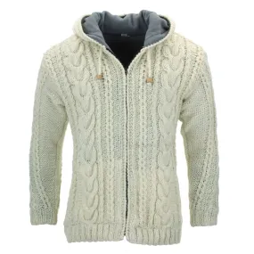 Handmade Wool Cable Knit Hooded Jacket - Cream