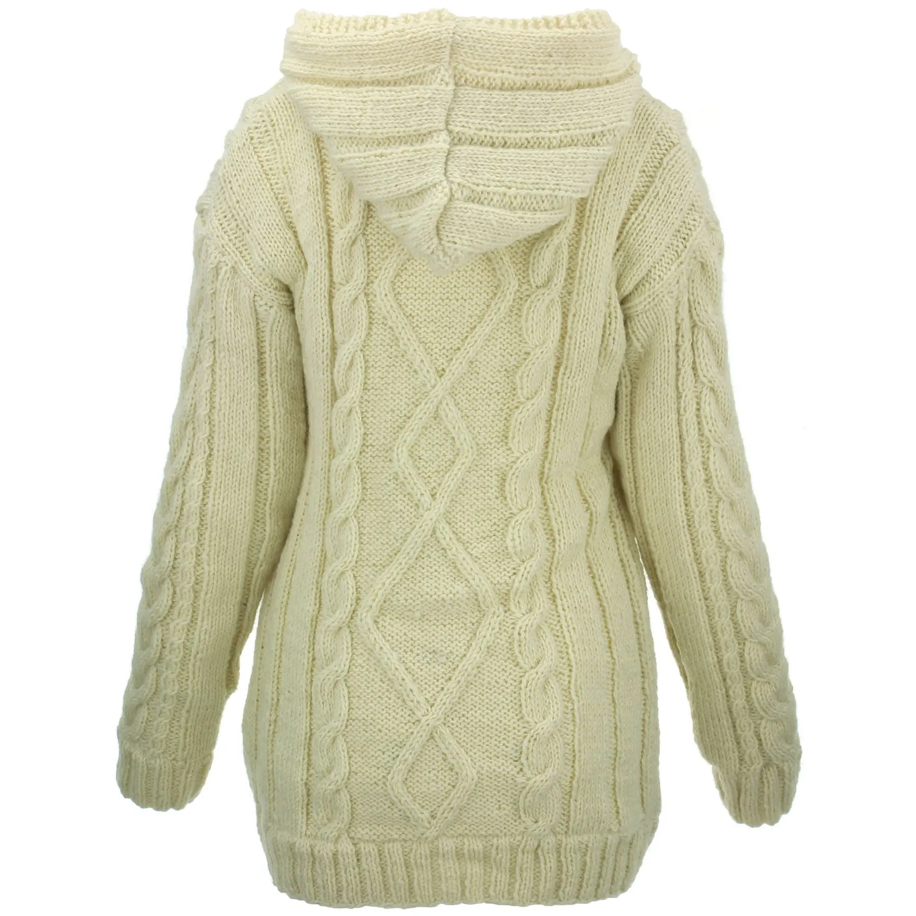 Handmade Wool Cable Knit Hooded Jacket - Cream