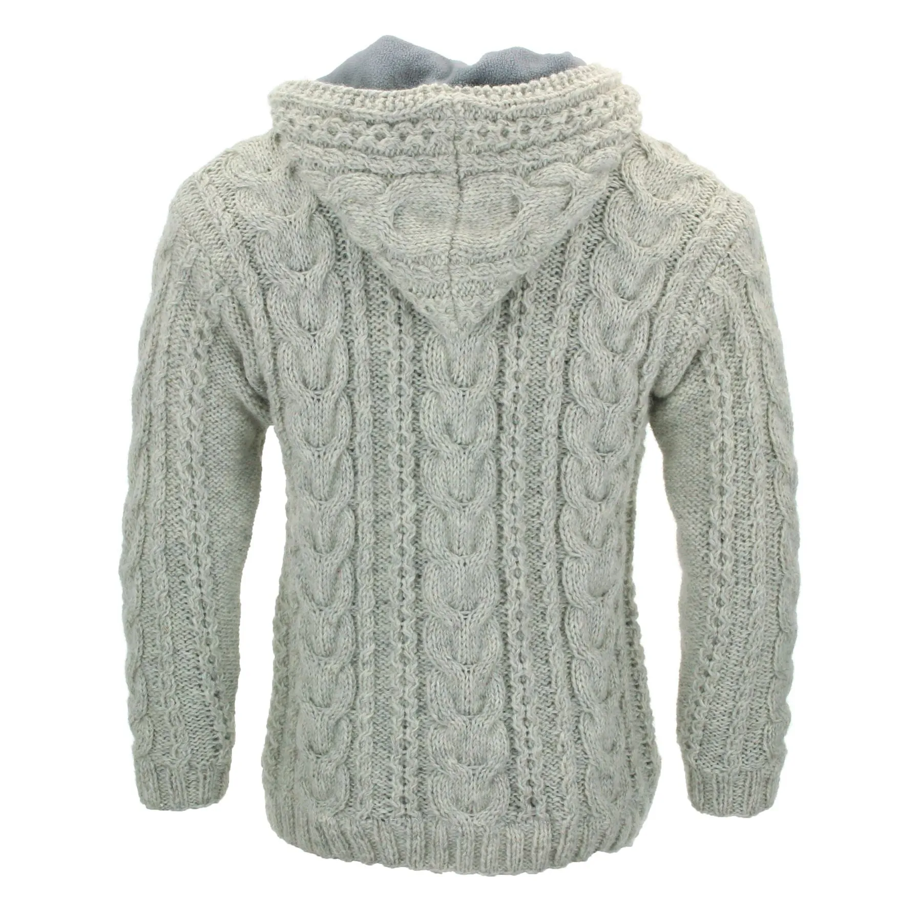 Handmade Wool Cable Knit Hooded Jacket - Light Grey