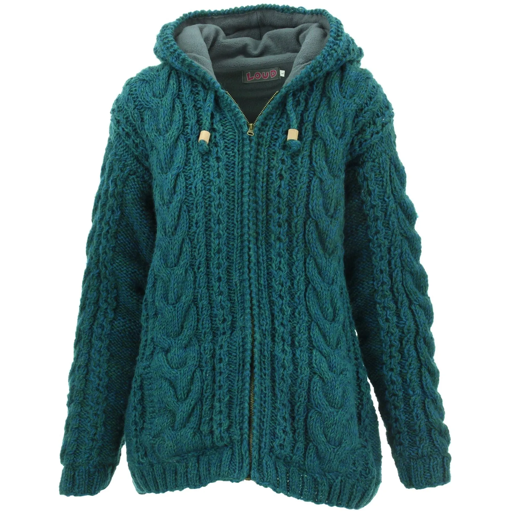 Handmade Wool Cable Knit Hooded Jacket - Teal