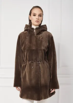 Hooded parka jacket made of sheared mink