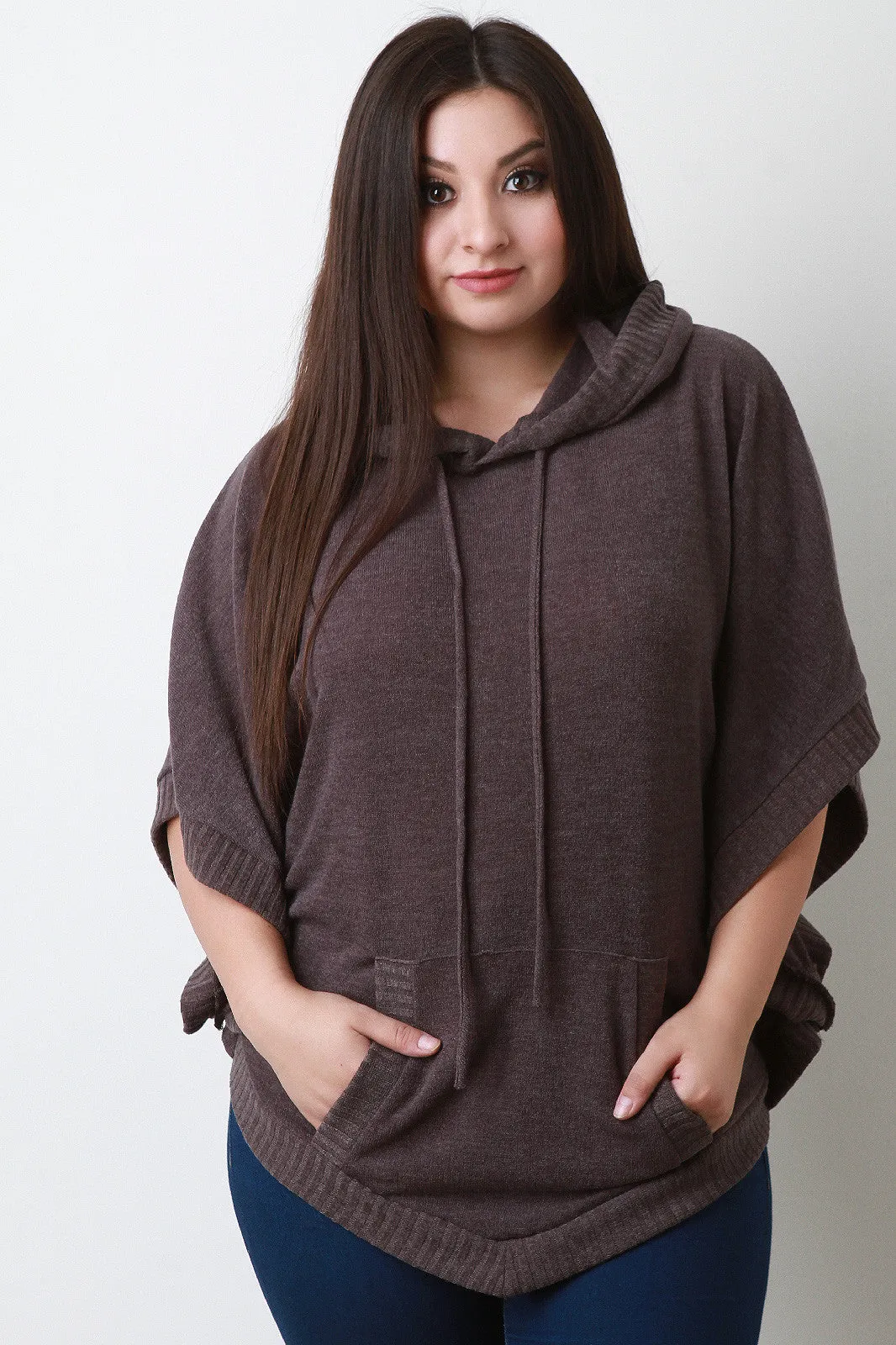 Hooded Rounded Hem Poncho Sweater