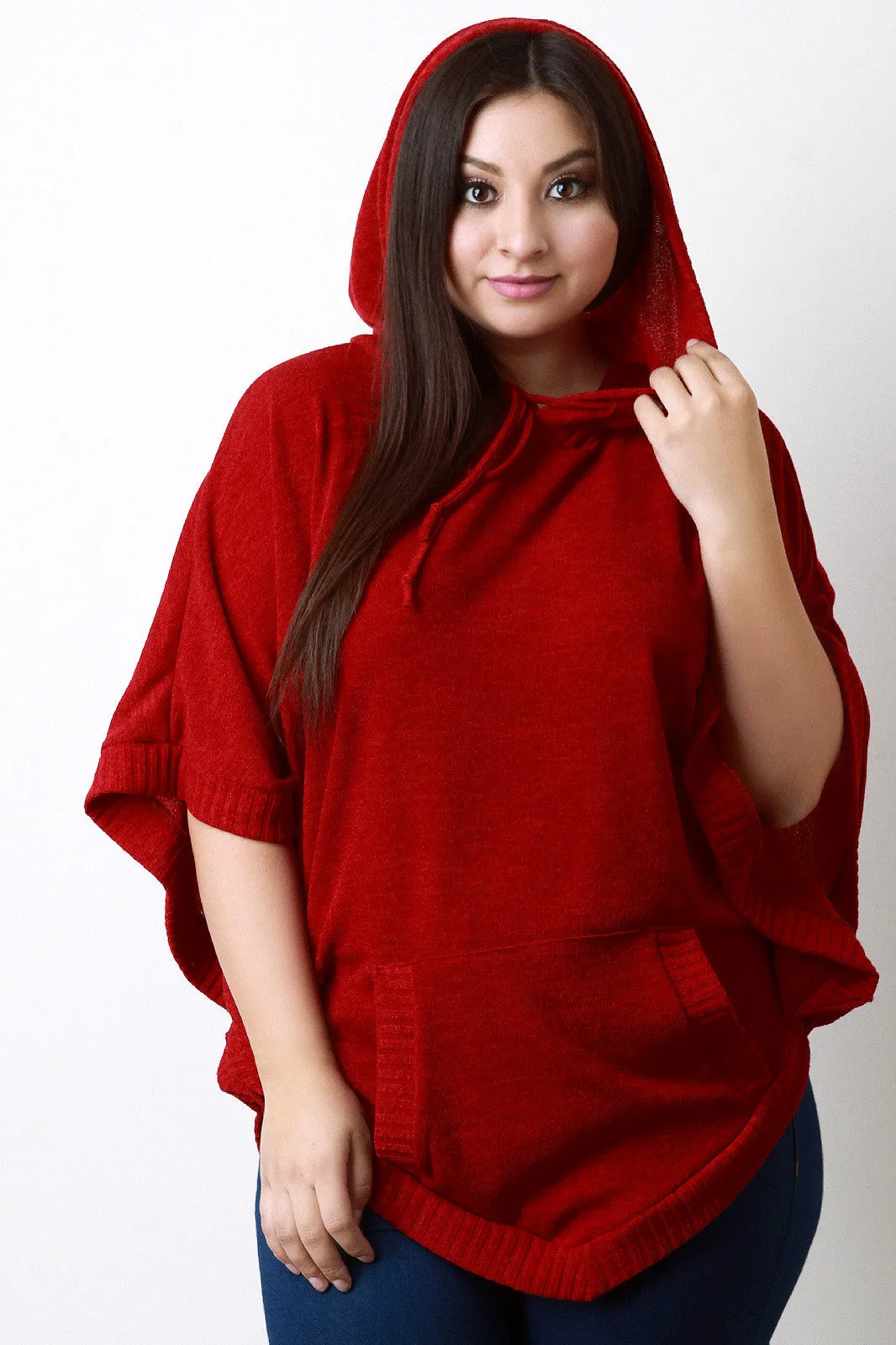 Hooded Rounded Hem Poncho Sweater