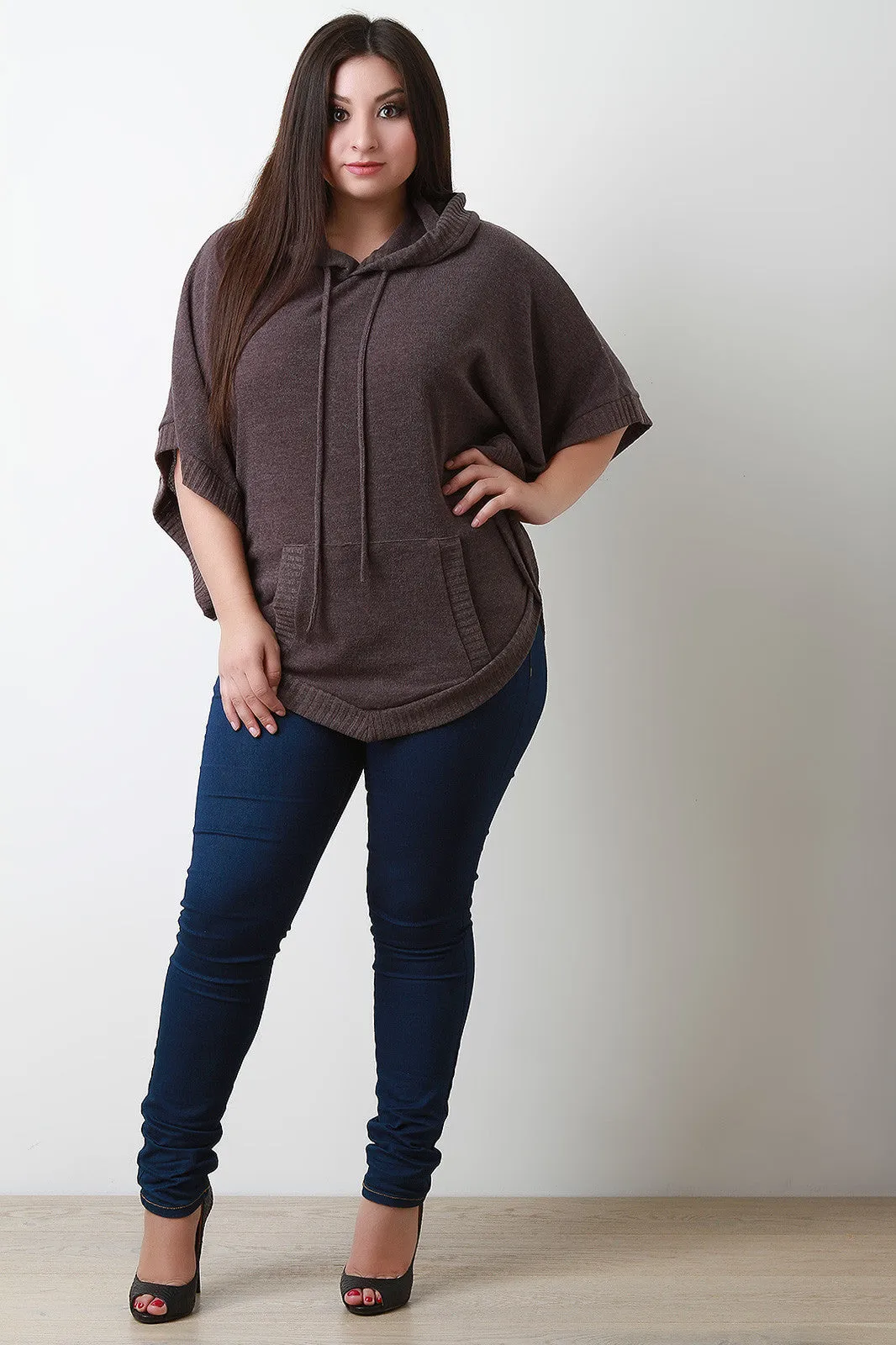 Hooded Rounded Hem Poncho Sweater