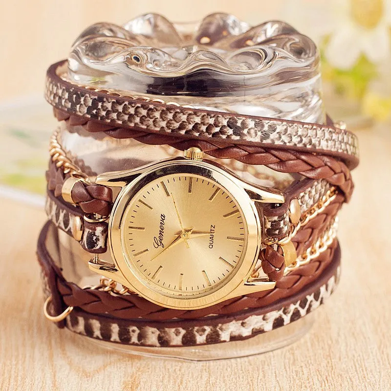 Hot Sale Geneva New Fashion Retro Leather Quartz Watch Women Dress Watches Weave Bracelet Watches Relogio Feminino Relojes Mujer