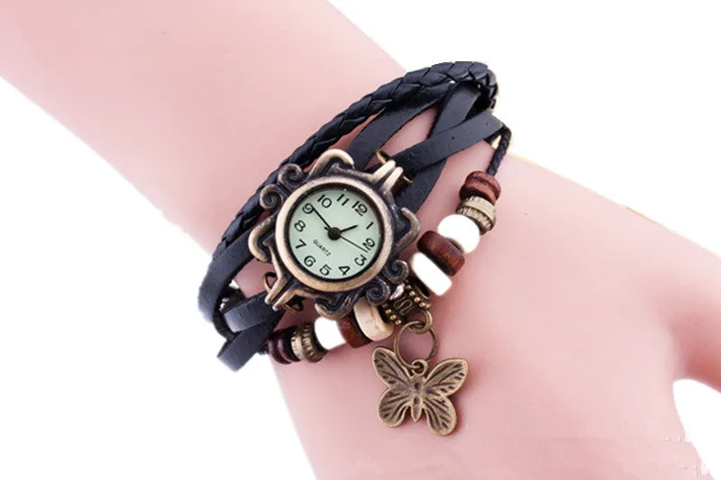 Hot Sale Vintage Quartz Wristwatch Women Dress Watches Wrap Butterfly Pendant Synthetic Leather Strap Watches Bracelet Wristwatch