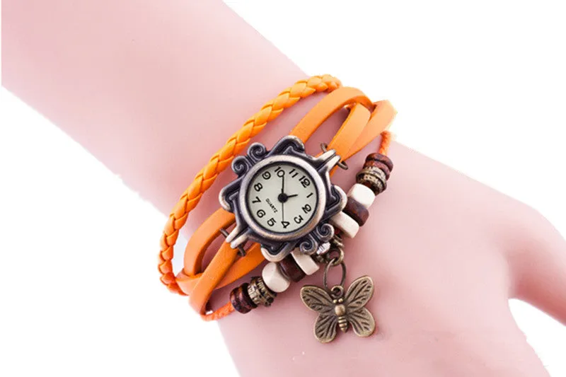 Hot Sale Vintage Quartz Wristwatch Women Dress Watches Wrap Butterfly Pendant Synthetic Leather Strap Watches Bracelet Wristwatch