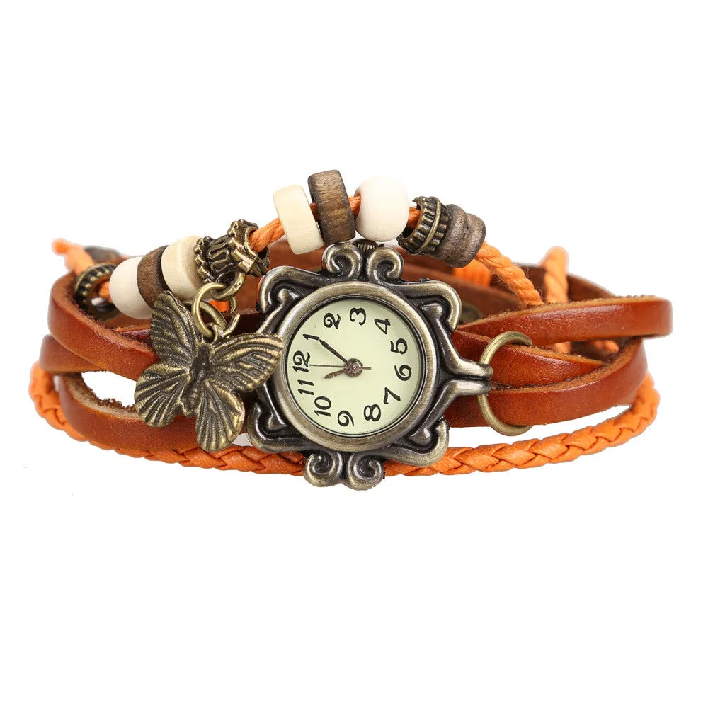 Hot Sale Vintage Quartz Wristwatch Women Dress Watches Wrap Butterfly Pendant Synthetic Leather Strap Watches Bracelet Wristwatch