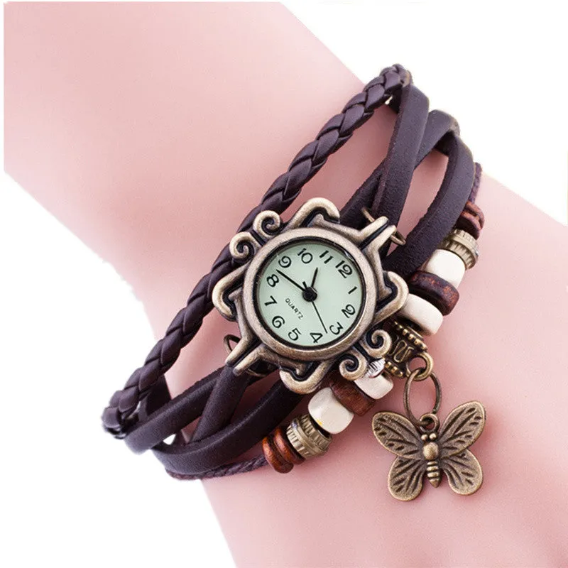 Hot Sale Vintage Quartz Wristwatch Women Dress Watches Wrap Butterfly Pendant Synthetic Leather Strap Watches Bracelet Wristwatch