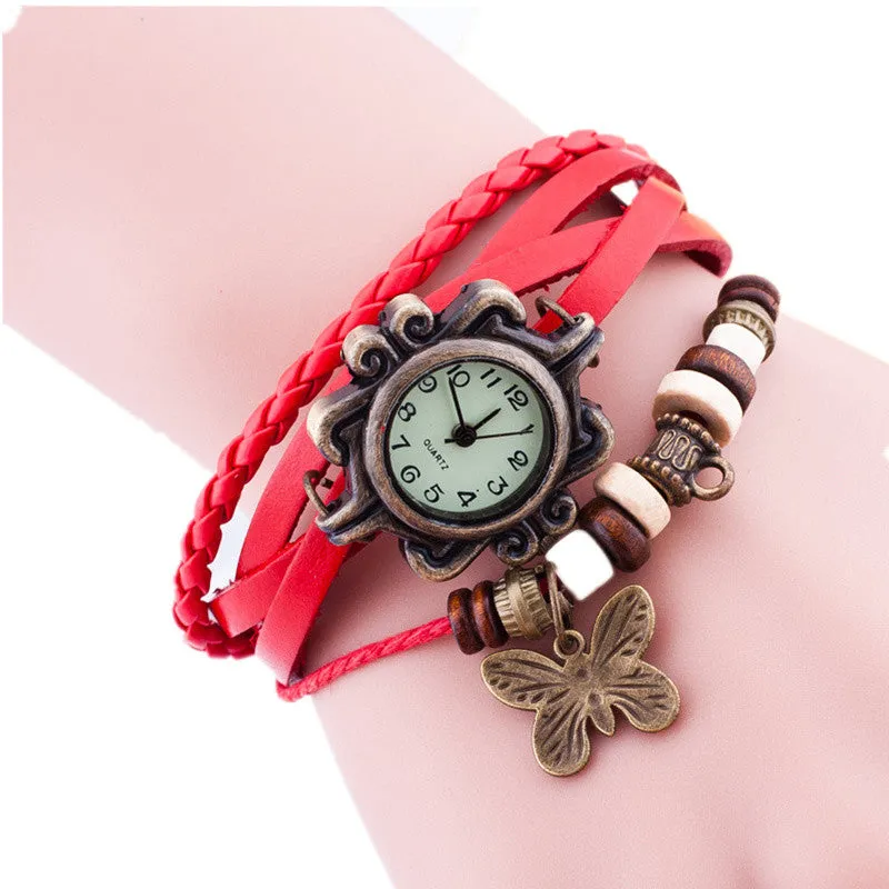 Hot Sale Vintage Quartz Wristwatch Women Dress Watches Wrap Butterfly Pendant Synthetic Leather Strap Watches Bracelet Wristwatch