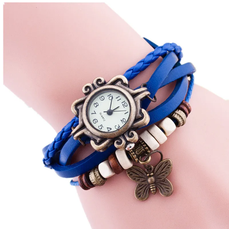 Hot Sale Vintage Quartz Wristwatch Women Dress Watches Wrap Butterfly Pendant Synthetic Leather Strap Watches Bracelet Wristwatch