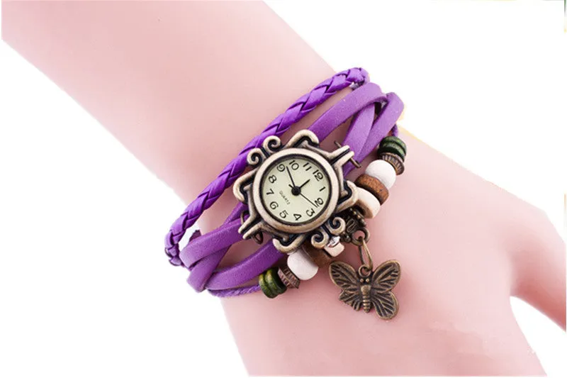 Hot Sale Vintage Quartz Wristwatch Women Dress Watches Wrap Butterfly Pendant Synthetic Leather Strap Watches Bracelet Wristwatch