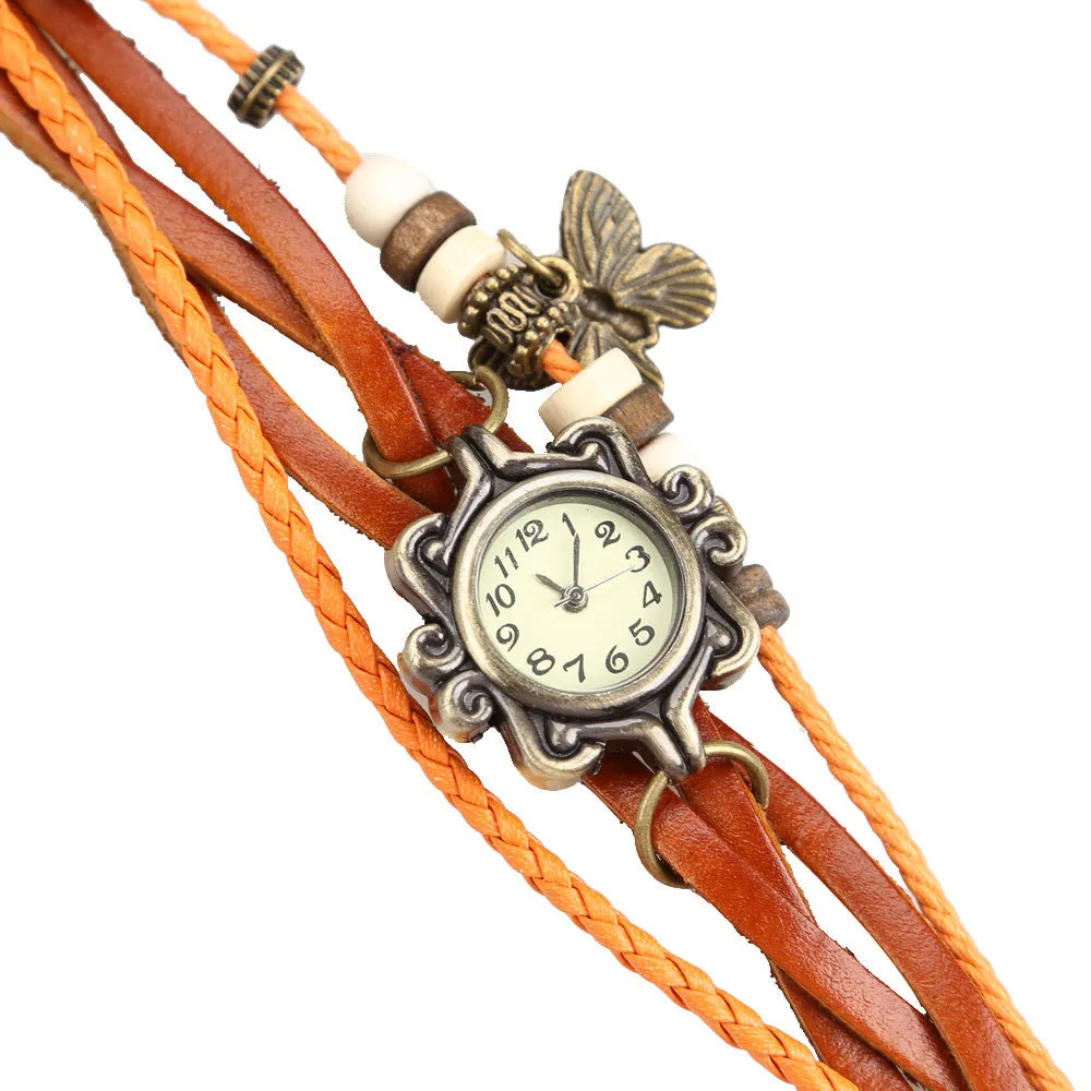 Hot Sale Vintage Quartz Wristwatch Women Dress Watches Wrap Butterfly Pendant Synthetic Leather Strap Watches Bracelet Wristwatch