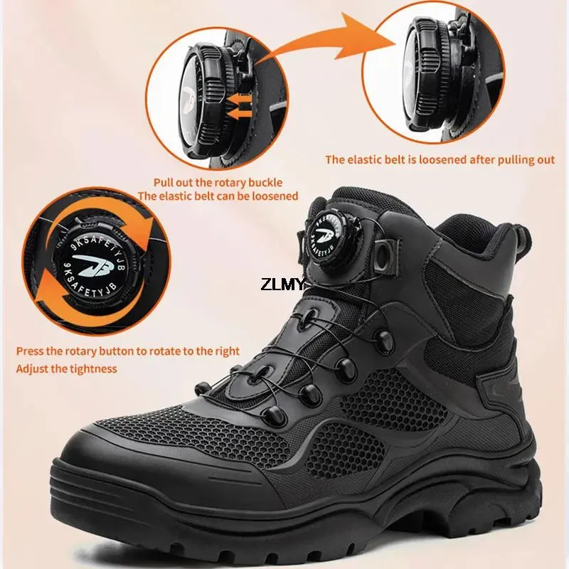 Indestructible Work Safety Boots Men Steel Toe Safety Shoes Anti-smash Anti-stab Sneakers Rotated Button Safety Work Boots Man