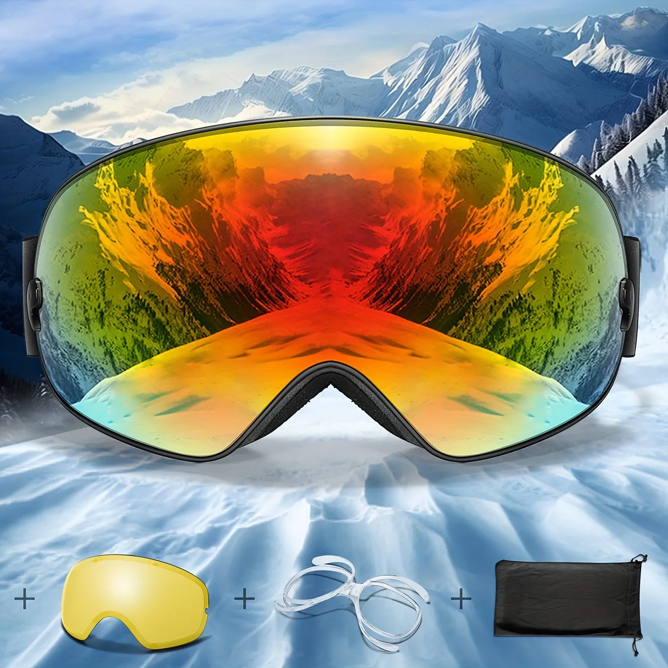 Interchangeable Lens Ski Goggles for Adults - TPU Frame, PC Material, Anti-Fog, UV Protection, for Snowboarding, Skating, Skiing, Snowmobiling - Includes Night, Prescription Lens, Bag - Mixed Color