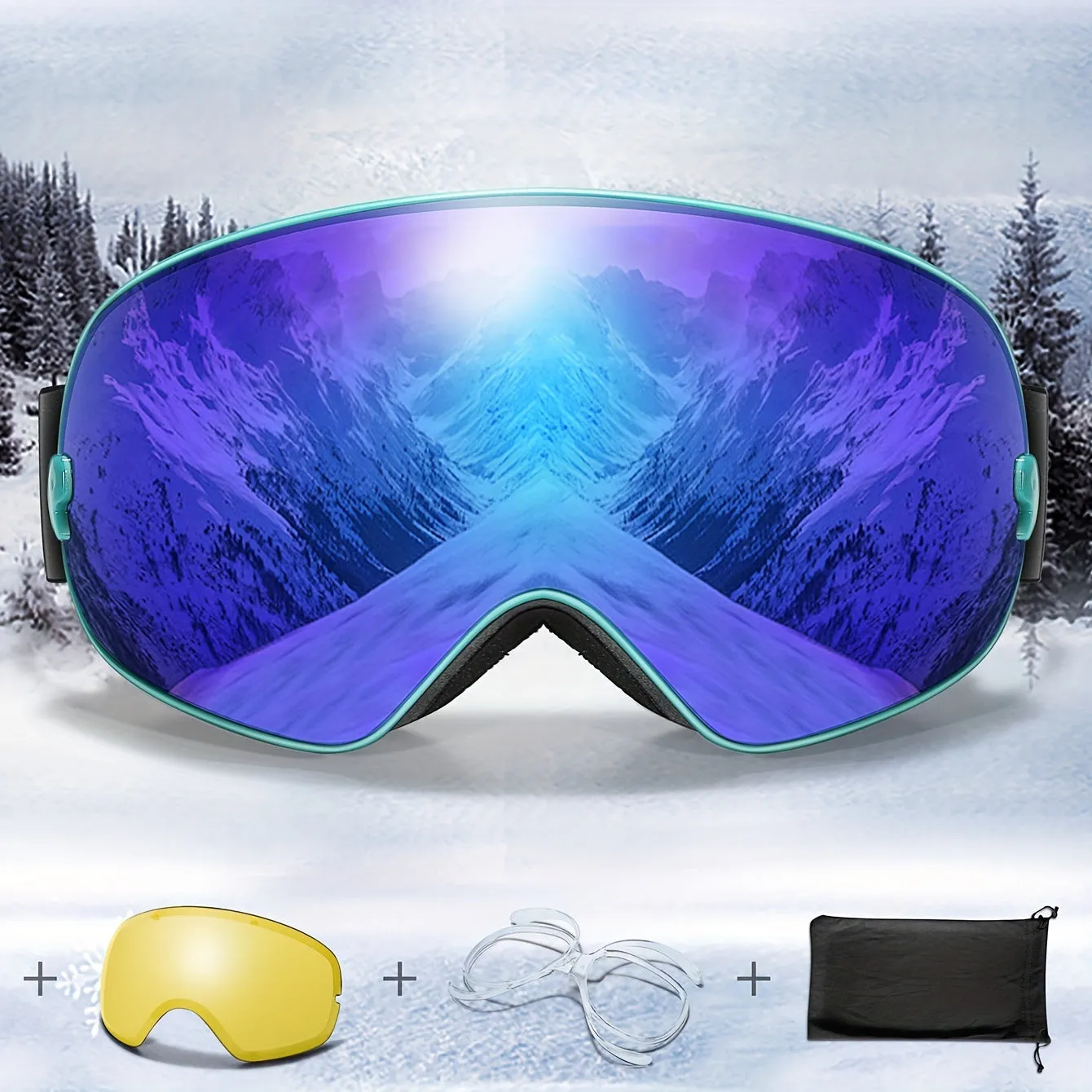 Interchangeable Lens Ski Goggles for Adults - TPU Frame, PC Material, Anti-Fog, UV Protection, for Snowboarding, Skating, Skiing, Snowmobiling - Includes Night, Prescription Lens, Bag - Mixed Color