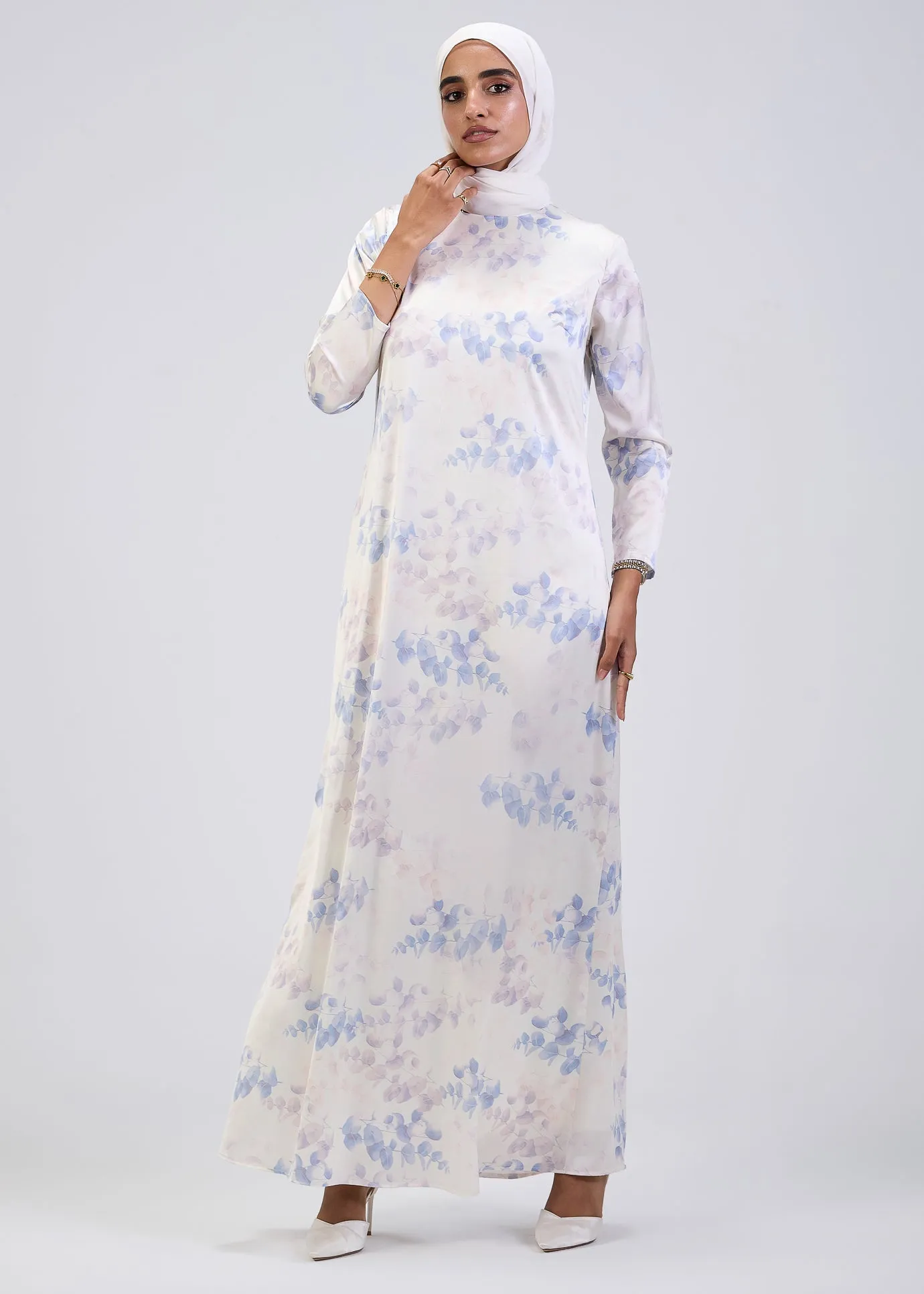 Jawhara Satin High Neck Maxi Dress with Wrap Top and Bell Sleeves